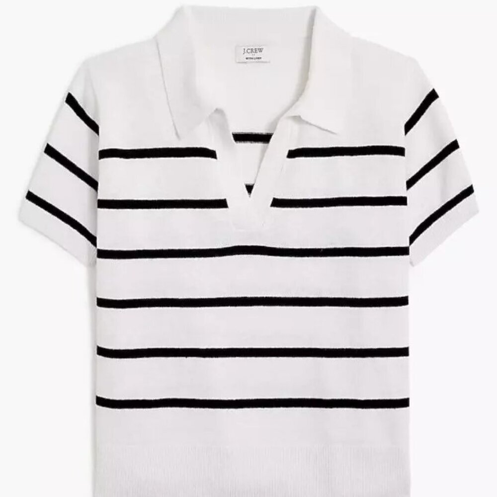 J. Crew White and Black Striped V-Neck Polo Sweater
